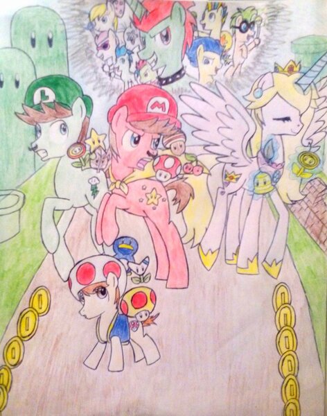 Size: 793x1007 | Tagged: safe, artist:little-miss-oshawott, derpibooru import, ponified, alicorn, earth pony, pony, unicorn, ball, boomerang flower, bowser, bowser jr, cape, cape feather, clothes, coin, double cherry, fire flower, gold flower, iggy koopa, koopalings, larry koopa, lemmy koopa, ludwig von koopa, luigi, magic wand, mario, mega mushroom, morton koopa jr., new super mario bros., new super mario bros. 2, new super mario bros. u, penguin suit, power-up, princess peach, roy koopa, super acorn, super bell, super leaf, super mario 3d land, super mario 3d world, super mario bros., super mario world, super mushroom, super star, toad (mario bros), traditional art, warp pipe, wendy o. koopa