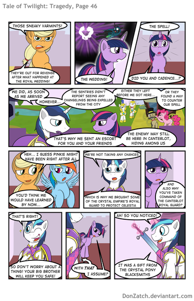 Size: 792x1224 | Tagged: safe, artist:donzatch, derpibooru import, applejack, pinkie pie, queen chrysalis, rainbow dash, shining armor, twilight sparkle, twilight sparkle (alicorn), alicorn, pony, comic:tale of twilight, comic, female, mare, royal guard, sword, wink