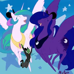 Size: 1200x1200 | Tagged: artist:nivrozs, cheering, derpibooru import, didney worl, eyes closed, happy, jumping, macro, missing accessory, oc, oc:anon, open mouth, princess celestia, princess luna, safe, size difference, smiling, spread wings, surreal