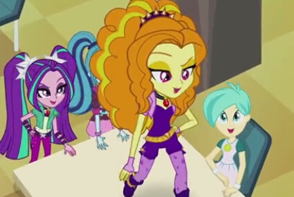 Size: 425x285 | Tagged: safe, derpibooru import, screencap, adagio dazzle, aria blaze, sonata dusk, tennis match, equestria girls, rainbow rocks, admiration, background human, battle of the bands, gem, hypnosis, looking up, quartet, raised eyebrow, singing, siren gem, the dazzlings