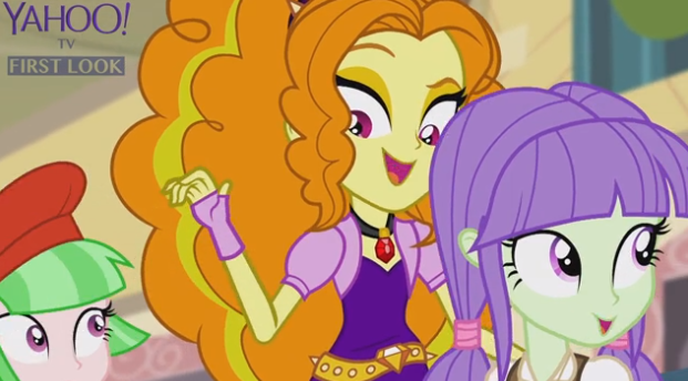 Size: 621x344 | Tagged: safe, derpibooru import, screencap, adagio dazzle, drama letter, starlight, watermelody, equestria girls, rainbow rocks, background human, battle of the bands, cafeteria, female, gem, hypnosis, raised eyebrow, singing, siren gem, trio