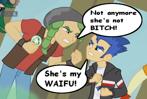 Size: 483x325 | Tagged: safe, derpibooru import, edit, screencap, flash sentry, sandalwood, equestria girls, rainbow rocks, background human, chat bubble, comic sans, exploitable meme, eye contact, fist, frown, glare, gritted teeth, meme, vulgar, waifu thief