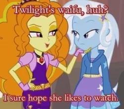 Size: 565x495 | Tagged: suggestive, derpibooru import, adagio dazzle, trixie, twilight sparkle, equestria girls, rainbow rocks, adagio dazzle gets around, bad touch, cuckolding, derp, exploitable meme, female, gem, implied shipping, lesbian, meme, molestation, shipping, siren gem, triagio, twixie, unamused, waifu thief