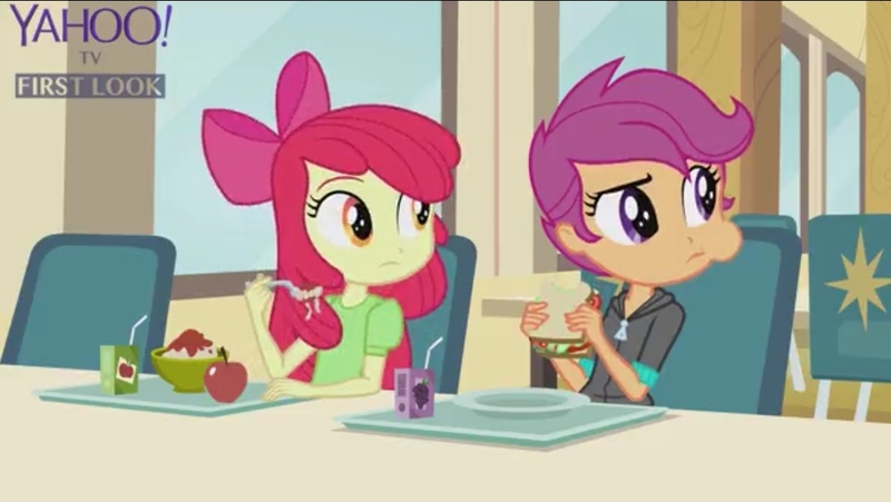 Size: 1136x640 | Tagged: safe, derpibooru import, screencap, apple bloom, scootaloo, equestria girls, rainbow rocks, sandwich, spaghetti