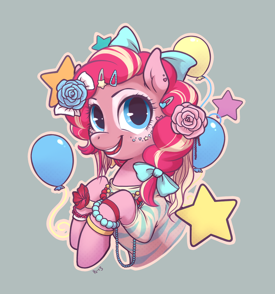 Size: 1280x1370 | Tagged: alternate hairstyle, artist:purmu, balloon, bow, bracelet, clothes, derpibooru import, earring, eyeshadow, fashion, ganguro, hairclip, lipstick, necklace, pinkie pie, safe, semi-anthro, shirt, solo, stars, yamanba