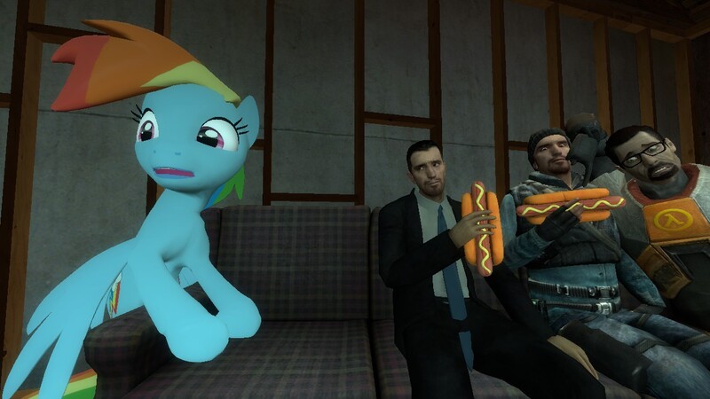 Size: 1280x720 | Tagged: 3d, derpibooru import, gmod, gordon freeman, half-life, hot dog, john freeman, rainbow dash, safe