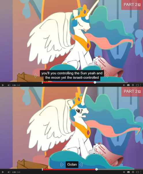 Size: 640x774 | Tagged: annoyed, artist:skaijo, banana bag, derpibooru import, friendship is magic bitch, golan heights, israel, megaphone, meme, princess celestia, safe, syria, youtube caption, youtube link