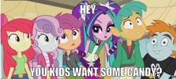 Size: 630x281 | Tagged: safe, derpibooru import, apple bloom, aria blaze, scootaloo, snails, snips, sweetie belle, equestria girls, rainbow rocks, cutie mark crusaders, image macro, impact font, implied pedophilia, meme, stranger danger, this will end in jail time