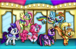 Size: 5096x3308 | Tagged: safe, artist:thebubbleqat, derpibooru import, applejack, fluttershy, pinkie pie, rainbow dash, rarity, twilight sparkle, twilight sparkle (alicorn), alicorn, pony, absurd resolution, carousel, clothes, dress, female, mane six, mare