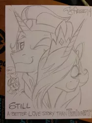 Size: 600x800 | Tagged: safe, artist:andypriceart, derpibooru import, king sombra, princess celestia, twilight sparkle, twilight sparkle (alicorn), alicorn, pony, andy you magnificent bastard, celestibra, female, good king sombra, male, mare, meme, monochrome, say what, shipping, sombra swag, still a better love story than twilight, straight, traditional art, word of price