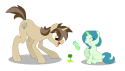 Size: 1024x582 | Tagged: safe, artist:hendocrinogeno, derpibooru import, clover the clever, star swirl the bearded, pony, unicorn, clover, duo, female, filly, foal, four leaf clover, magic, magic aura, male, plant, simple background, smiling, stallion, telekinesis, test tube, transparent background, younger