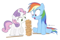 Size: 900x600 | Tagged: artist:dm29, derpibooru import, duo, jenga, mouth hold, rainbow dash, safe, simple background, sweetie belle, transparent background