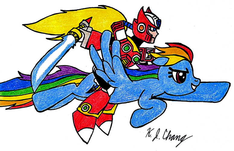 Size: 775x499 | Tagged: artist:stealthninja5, crossover, derpibooru import, flying, megaman, rainbow dash, riding, safe, traditional art