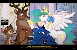 Size: 2622x1720 | Tagged: angry, artist:wolfjedisamuel, bambi, bedroom eyes, blushing, crack shipping, crossover, crossover shipping, deer, derpibooru import, disney, floppy ears, frown, hoofshake, :o, princess celestia, princess luna, safe, spread wings, sweat, the great prince, wide eyes