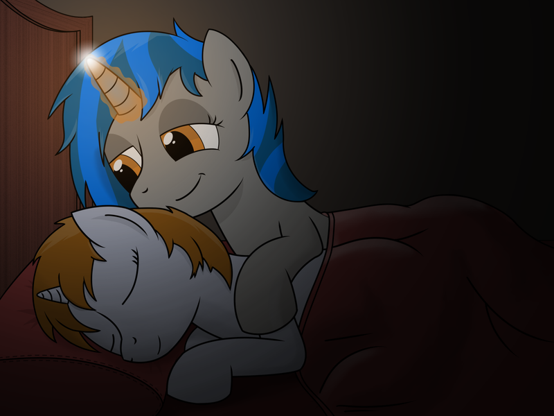 Size: 1600x1200 | Tagged: safe, artist:bruinsbrony216, derpibooru import, oc, oc:homage, oc:littlepip, unofficial characters only, pony, unicorn, fallout equestria, fanfic, bed, eyes closed, fallout, fanfic art, female, glowing horn, hooves, horn, lesbian, magic, mare, oc x oc, pillow, shipping, sleeping, smiling