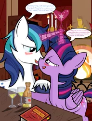 Size: 1500x1968 | Tagged: suggestive, artist:paperlover, derpibooru import, shining armor, twilight sparkle, twilight sparkle (alicorn), alicorn, pony, adultery, and then sex happened, bedroom eyes, cider, drunk, drunk twilight, engrish, eye contact, female, fireplace, heart, hentai quotes, hornboner, horns are touching, implied princest, incest, infidelity, magic, male, mare, shiningsparkle, shipping, smiling, speech bubble, straight
