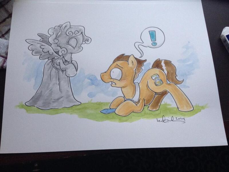 Size: 1024x768 | Tagged: artist:katiecandraw, derpibooru import, doctor who, doctor whooves, necktie, ponified, safe, time turner, traditional art, weeping angel, weeping pegasus