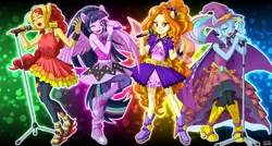 Size: 1494x800 | Tagged: safe, artist:uotapo, derpibooru import, adagio dazzle, sunset shimmer, trixie, twilight sparkle, equestria girls, rainbow rocks, armpits, boots, clothes, eyes closed, feet, female, hat, looking at you, microphone, one eye closed, open mouth, ponied up, pony ears, sandals, skirt