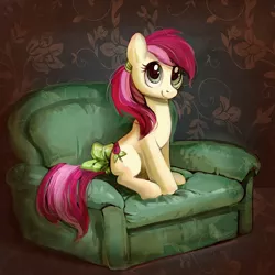 Size: 1200x1200 | Tagged: safe, artist:lis-alis, derpibooru import, roseluck, earth pony, pony, couch, cute, cuteluck, female, looking at you, mare, ponytail, sitting, smiling, solo, tail bow
