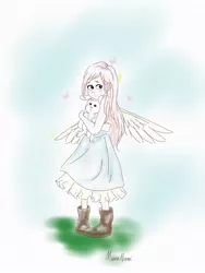 Size: 768x1024 | Tagged: angel bunny, artist:moonnami, derpibooru import, fluttershy, human, humanized, safe, solo, winged humanization, younger