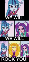 Size: 601x1287 | Tagged: safe, derpibooru import, screencap, adagio dazzle, aria blaze, sonata dusk, equestria girls, rainbow rocks, gem, lyrics, parody, queen (band), singing, siren gem, the dazzlings, we will rock you