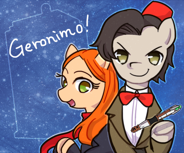 Size: 600x500 | Tagged: amy pond, artist:c-minded, derpibooru import, doctor who, doctor whooves, eleventh doctor, pixiv, ponified, safe, sonic screwdriver, time turner