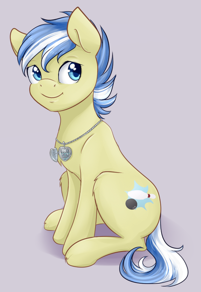Size: 600x870 | Tagged: safe, artist:chiweee, derpibooru import, silver spoon, strike, earth pony, pony, colt, female, male, pendant, shipping, silverstrike, sitting, solo, straight