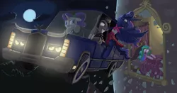 Size: 1209x632 | Tagged: artist:mick-o-maikeru, broken window, car, clothes, flying car, grease, lincoln (car), moon, night, oc, oc:sketchy, ponytail, princess celestia, princess luna, rarity, safe, shocked, skirt