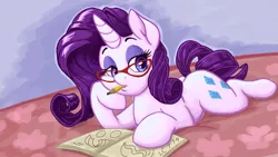 Size: 2400x1350 | Tagged: safe, artist:latecustomer, derpibooru import, rarity, pony, unicorn, bed, book, drawing, female, glasses, mare, mouth hold, pencil, prone, solo, wallpaper, working