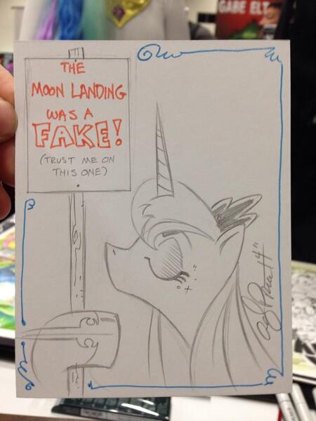 Size: 768x1024 | Tagged: andy you magnificent bastard, artist:andypriceart, blatant lies, conspiracy, derpibooru import, hoax, moon landing, princess luna, safe, sign, solo, traditional art, word of price