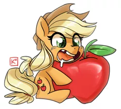 Size: 600x541 | Tagged: apple, applejack, artist:radioactive-k, chipped tooth, cute, derpibooru import, drool, jackabetes, open mouth, safe, simple background, sitting, solo, that pony sure does love apples