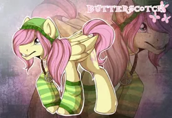 Size: 1546x1063 | Tagged: dead source, safe, artist:rainbowscreen, derpibooru import, fluttershy, pegasus, pony, butterscotch, clothes, hippieshy, male, rule 63, smiling, socks, solo, stallion, zoom layer