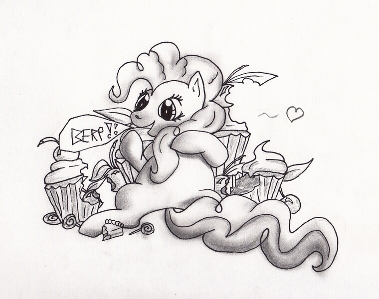 Size: 2433x1921 | Tagged: safe, artist:holyhell111, derpibooru import, pinkie pie, pony, candy, cupcake, desserts, food, lollipop, monochrome, solo, sweets, traditional art