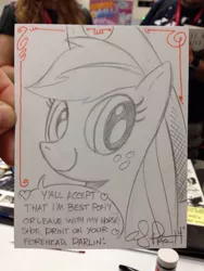 Size: 768x1024 | Tagged: safe, artist:andypriceart, derpibooru import, applejack, earth pony, pony, andy you magnificent bastard, best pony, cowboy hat, hat, heart, looking at you, pencil drawing, smiling, solo, speech bubble, traditional art, word of god, word of price