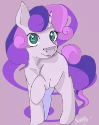 Size: 946x1200 | Tagged: safe, artist:thelittledixie, derpibooru import, sweetie belle, pony, unicorn, female, filly, looking at you, music notes, raised hoof, signature, smiling, solo, wingding eyes