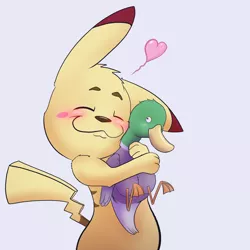 Size: 1024x1024 | Tagged: artist:pikapetey, barely pony related, blushing, derpibooru, derpibooru import, duck, duo, heart, hug, interspecies, male, mallard, meta, mr. quackers, pikachu, pikapetey, safe, shipping, simple background