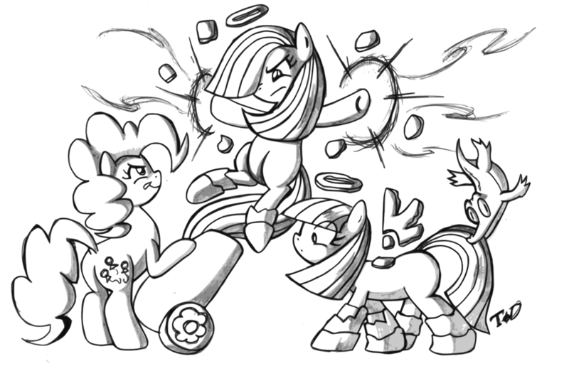 Size: 1280x835 | Tagged: artist:quarium, derpibooru import, gummy, limestone pie, marble pie, monochrome, party cannon, pinkie pie, safe