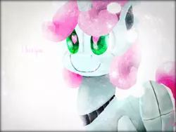 Size: 800x600 | Tagged: dead source, safe, derpibooru import, sweetie belle, pony, robot, unicorn, cute, female, filly, foal, heart eyes, horn, parody, smiling, solo, sweetie bot, text, wingding eyes