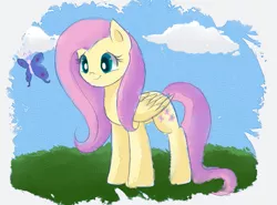 Size: 763x566 | Tagged: safe, artist:hikariviny, derpibooru import, fluttershy, butterfly, smiling, solo