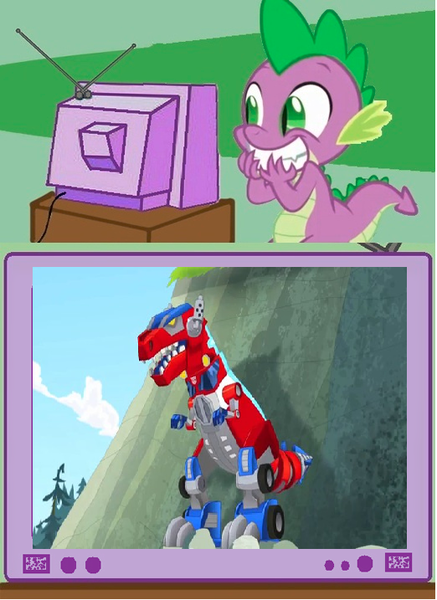 Size: 522x717 | Tagged: derpibooru import, dinosaur, exploitable meme, meme, obligatory pony, optimus prime, safe, spike, transformers, transformers rescue bots, tv meme, tyrannosaurus rex