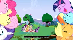 Size: 639x352 | Tagged: a canterlot wedding, applejack, bird, capitalism, derpibooru import, fluttershy, mane seven, mane six, meme, pinkie pie, rainbow dash, rarity, safe, screencap, spike, twilight sparkle, youtube caption