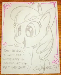 Size: 684x842 | Tagged: safe, artist:andypriceart, derpibooru import, apple bloom, earth pony, pony, bust, dialogue, female, filly, monochrome, open mouth, sketch, solo, traditional art