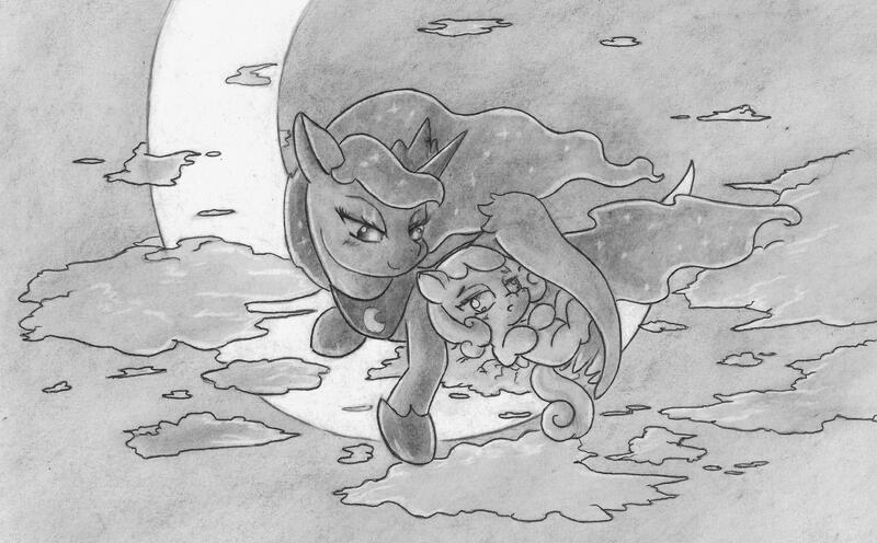 Size: 4976x3088 | Tagged: artist:cross_ornstein, crescent moon, derpibooru import, monochrome, moon, oc, oc:snowdrop, princess luna, safe, tangible heavenly object