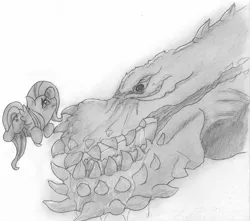 Size: 5664x5014 | Tagged: absurd resolution, artist:cross_ornstein, derpibooru import, deviljho, fangs, fluttershy, monochrome, monster hunter, monster hunter tri, semi-grimdark