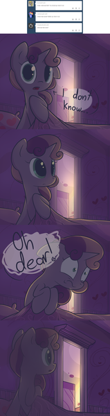 Size: 1280x4826 | Tagged: artist:spikedmauler, ask, bed, comic, curious, derpibooru import, go ask sweetie belle, implied rarity, night, noise, safe, sitting up, solo, speech bubble, sweetie belle, tumblr