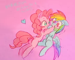 Size: 600x475 | Tagged: safe, artist:gebomamire, derpibooru import, pinkie pie, rainbow dash, blushing, cake, crying, cupcake, cute, dashabetes, diapinkes, female, glomp, grin, gritted teeth, happy, heart, lesbian, pinkiedash, scared, shipping, wide eyes, wingboner