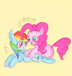 Size: 588x617 | Tagged: safe, artist:gebomamire, derpibooru import, pinkie pie, rainbow dash, blushing, cute, dashabetes, diapinkes, female, glomp, gritted teeth, hug, lesbian, pinkiedash, scared, shipping, simple background, surprised, tongue out