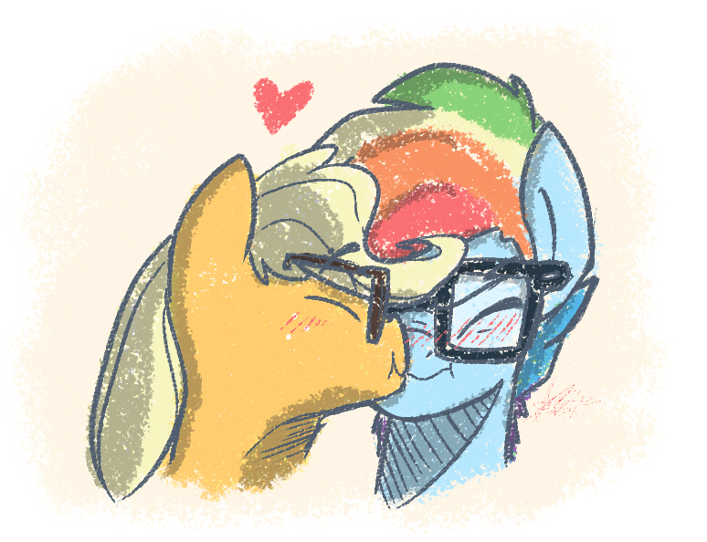 Size: 774x594 | Tagged: safe, artist:nolycs, derpibooru import, applejack, rainbow dash, adorkable, appleblitz (straight), appledash, blitzabetes, blushing, cute, dork, female, glasses, half r63 shipping, heart, kissing, male, rainbow blitz, rainbow dork, rule 63, rule63betes, shipping, straight