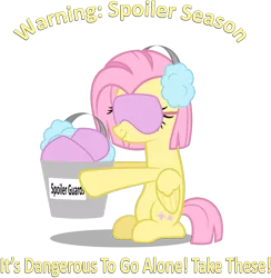 Size: 1696x1740 | Tagged: alternate hairstyle, artist:zacatron94, blindfold, bucket, caption, derpibooru import, earmuffs, fluttershy, it's dangerous to go alone, safe, short mane, sleep mask, solo, take this, the legend of zelda, yellow text