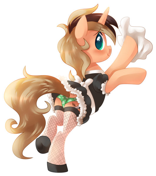 Size: 2303x2604 | Tagged: suggestive, artist:xnightmelody, derpibooru import, oc, unofficial characters only, pony, unicorn, clothes, crossdressing, fishnets, green underwear, maid, male, panties, plot, polka dot underwear, solo, solo male, underwear